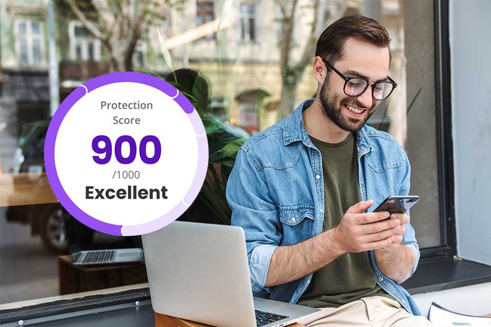 A vector illustration of McAfee Protection Score next to a man with specs looking at a smartphone.