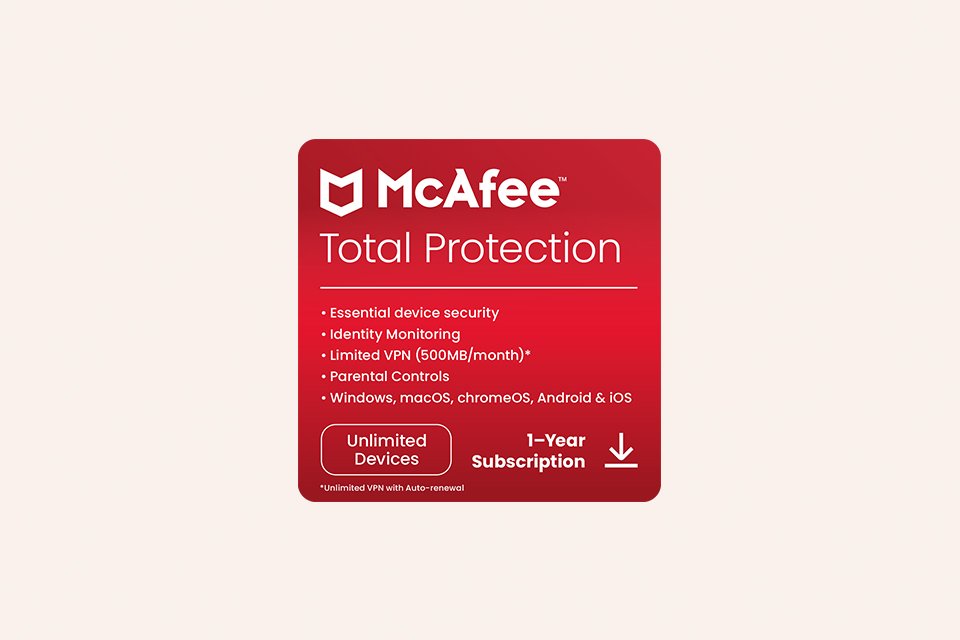A pack of McAfee Total Protection for 1 year and unlimited devices.