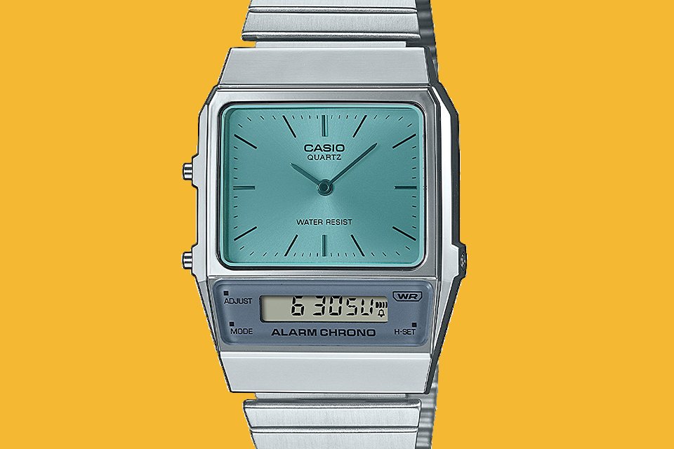 A Casio vintage silver bracelet watch with sea green dial.