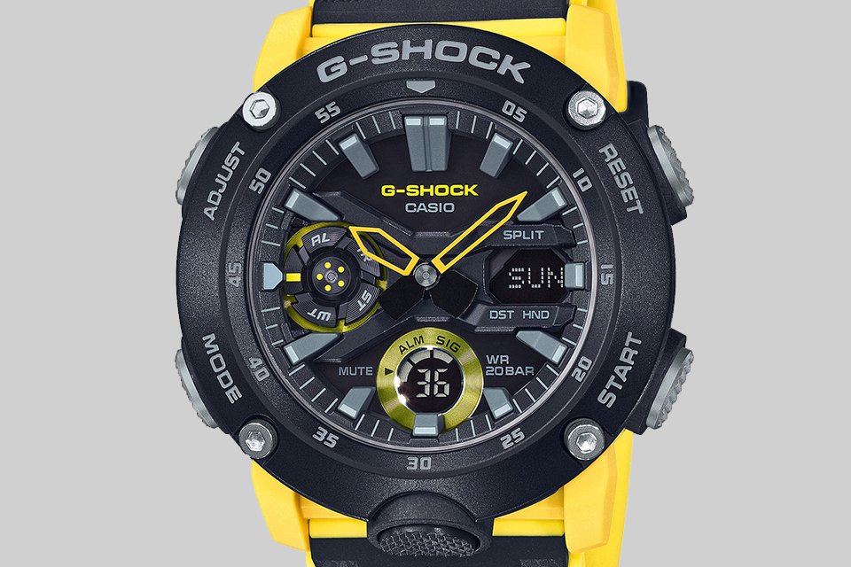 A men's Casio G-SHOCK black and yellow resin strap watch.