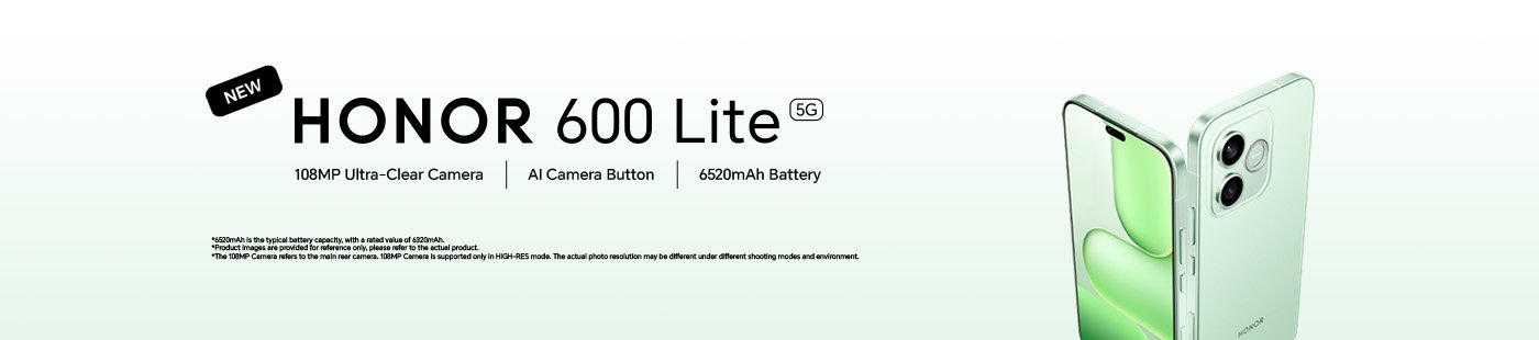 Honor 600 Lite 5G. 108MP ultra-clear camera. AI camera button. 6520mAh battery. Buy now.