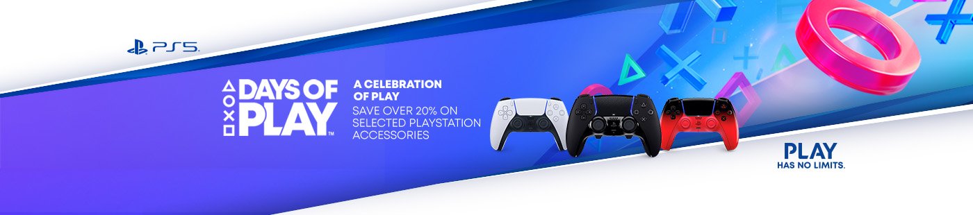 Sony. Days of play. A celebration of play. Save over 20% on selected PlayStation accessories. 