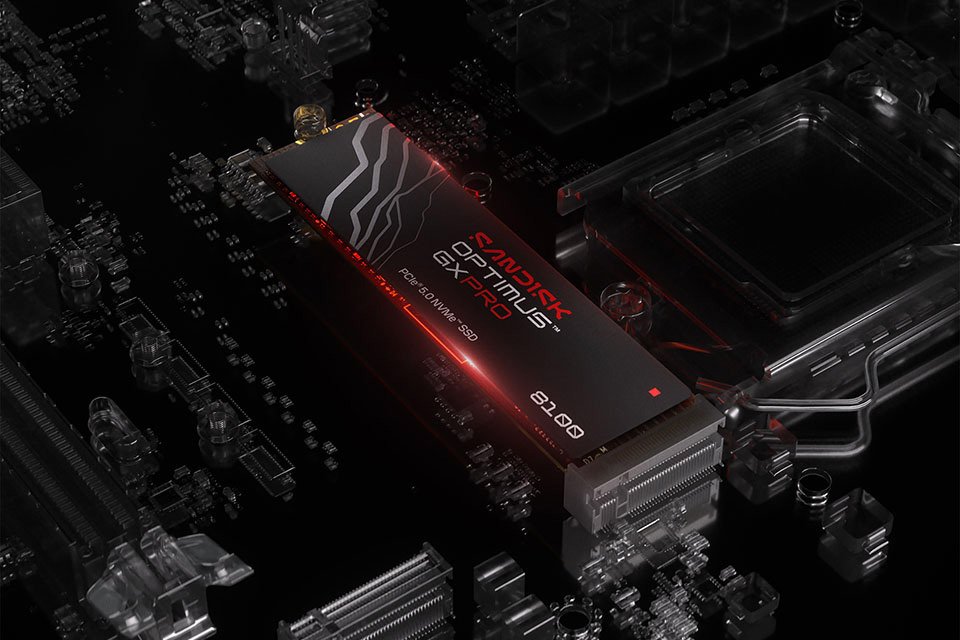 SANDISK PC gaming SSD memory card displayed against a black background.