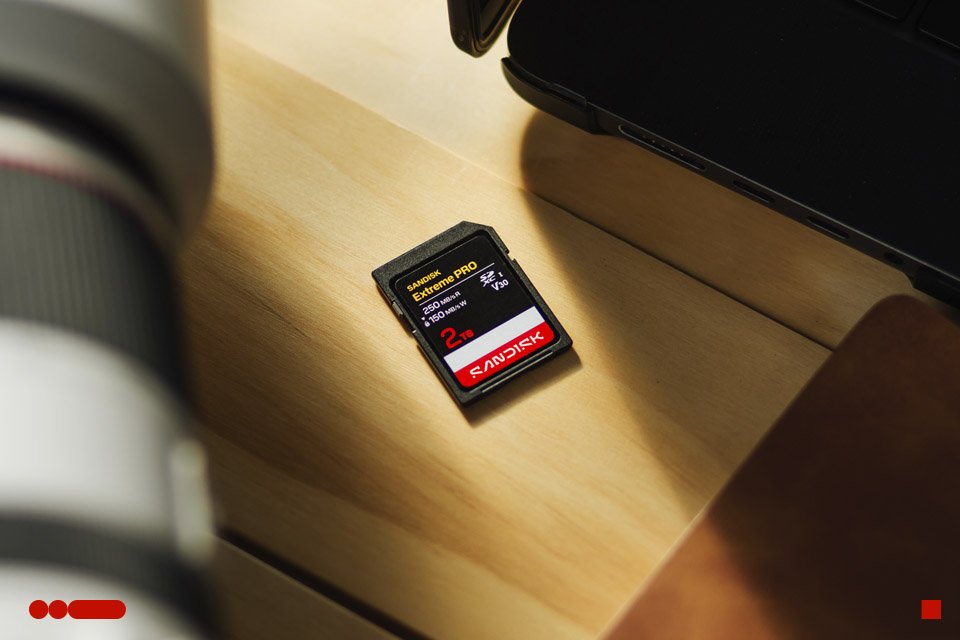 SANDISK Extreme PRO SDXC memory card with camera kit placed on a wooden tabletop.