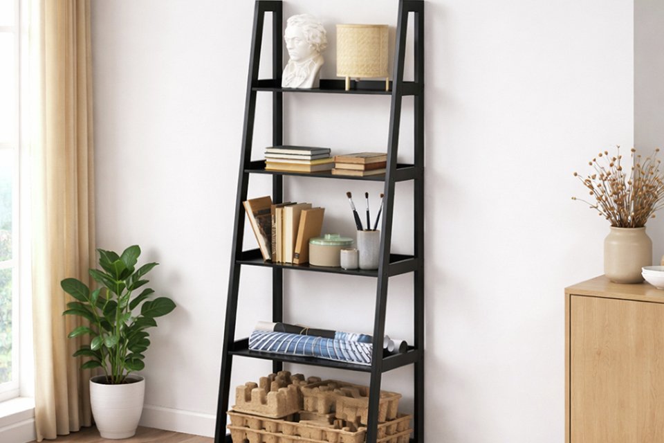 A black Furniture To Go Wally 5 shelves ladder shelf in a living room.
