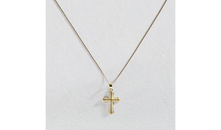 Revere 9ct Yellow Gold Cubic Zirconia Cross Pendant Necklace