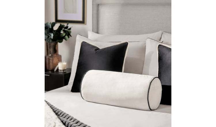 OHS Matte Velvet Bolster Cushion - Cream/Black - 46 x 20cm