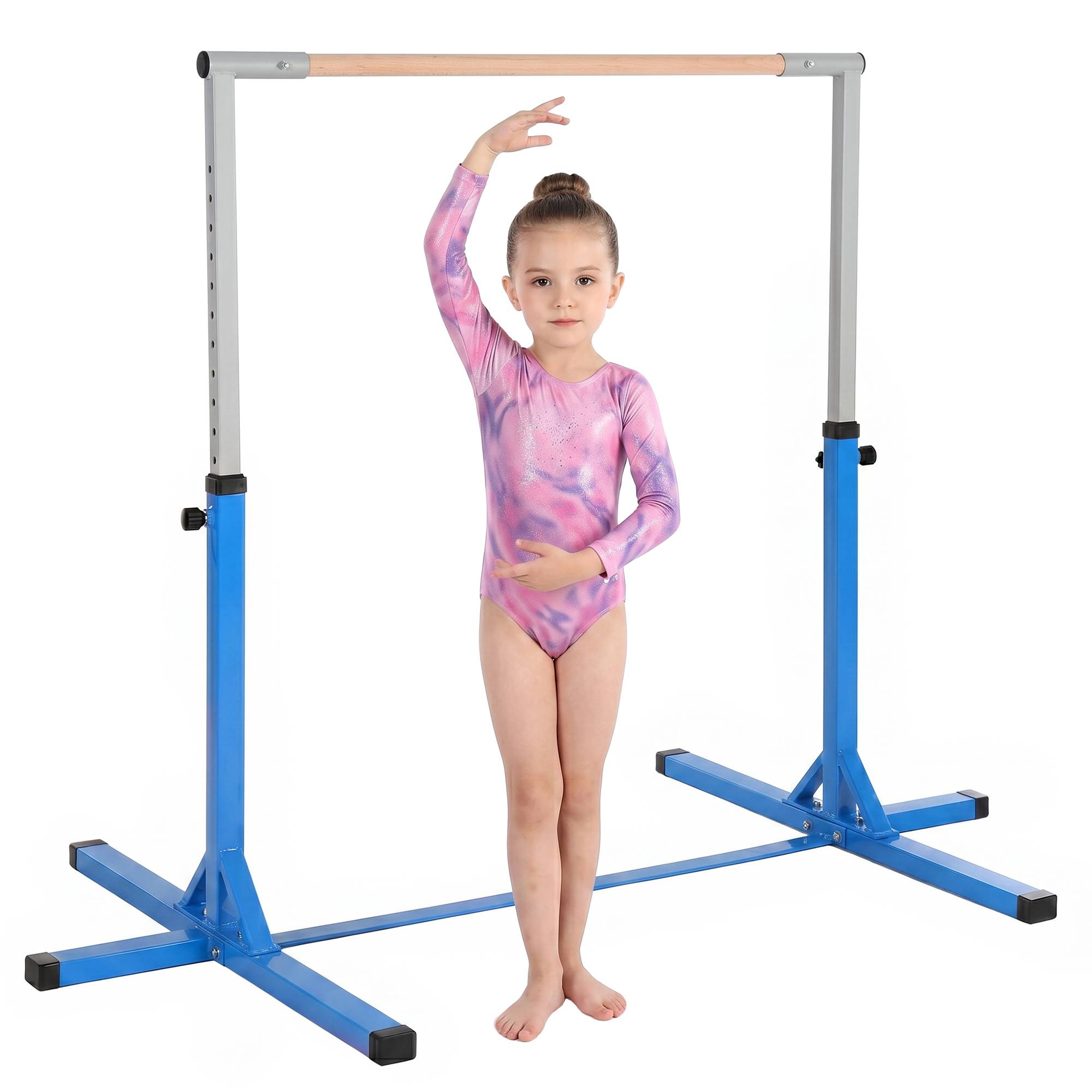 HOMCOM Height Adjustable Home Gym Kids Gymnastics Bar - Blue - Image 1