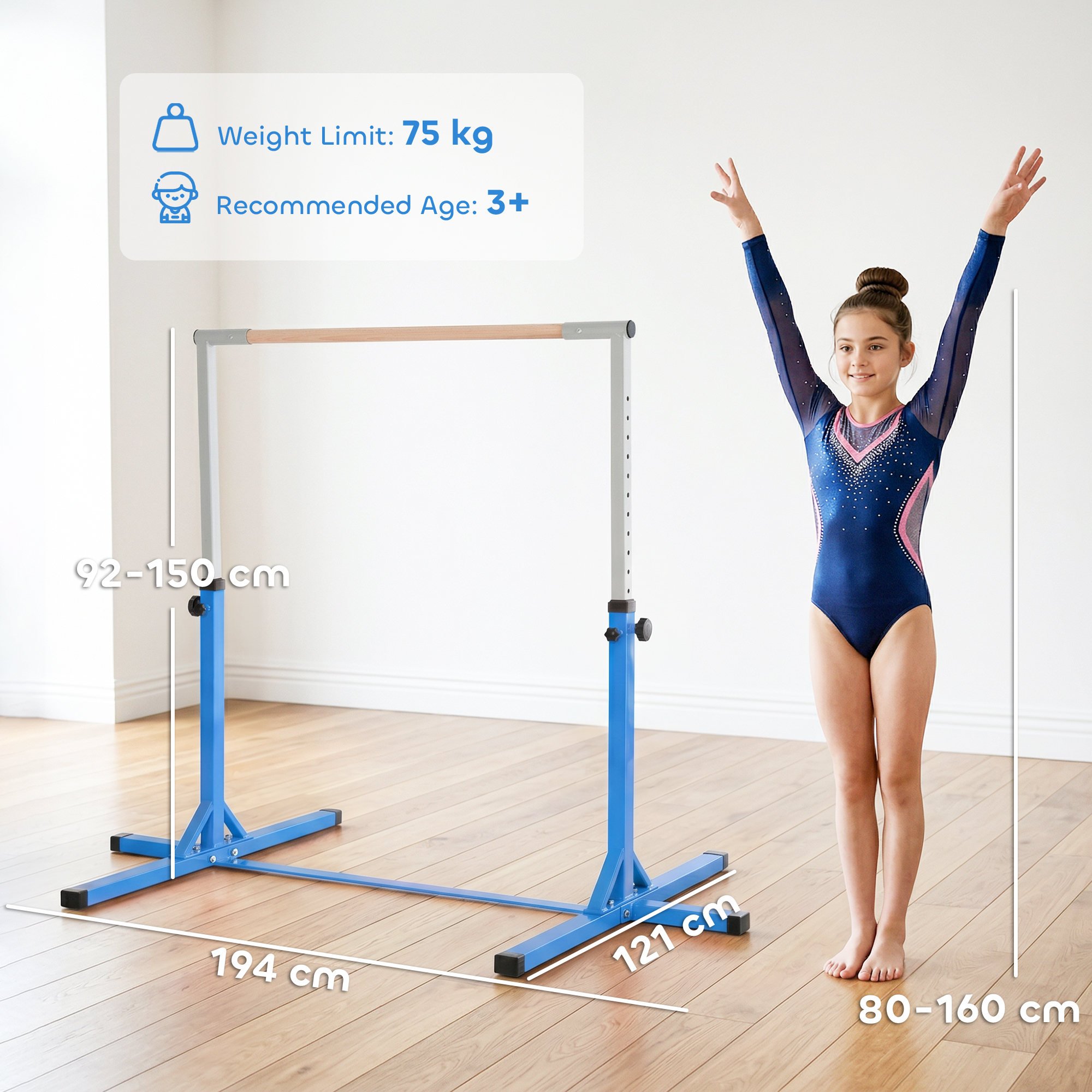 HOMCOM Height Adjustable Home Gym Kids Gymnastics Bar - Blue - Image 2