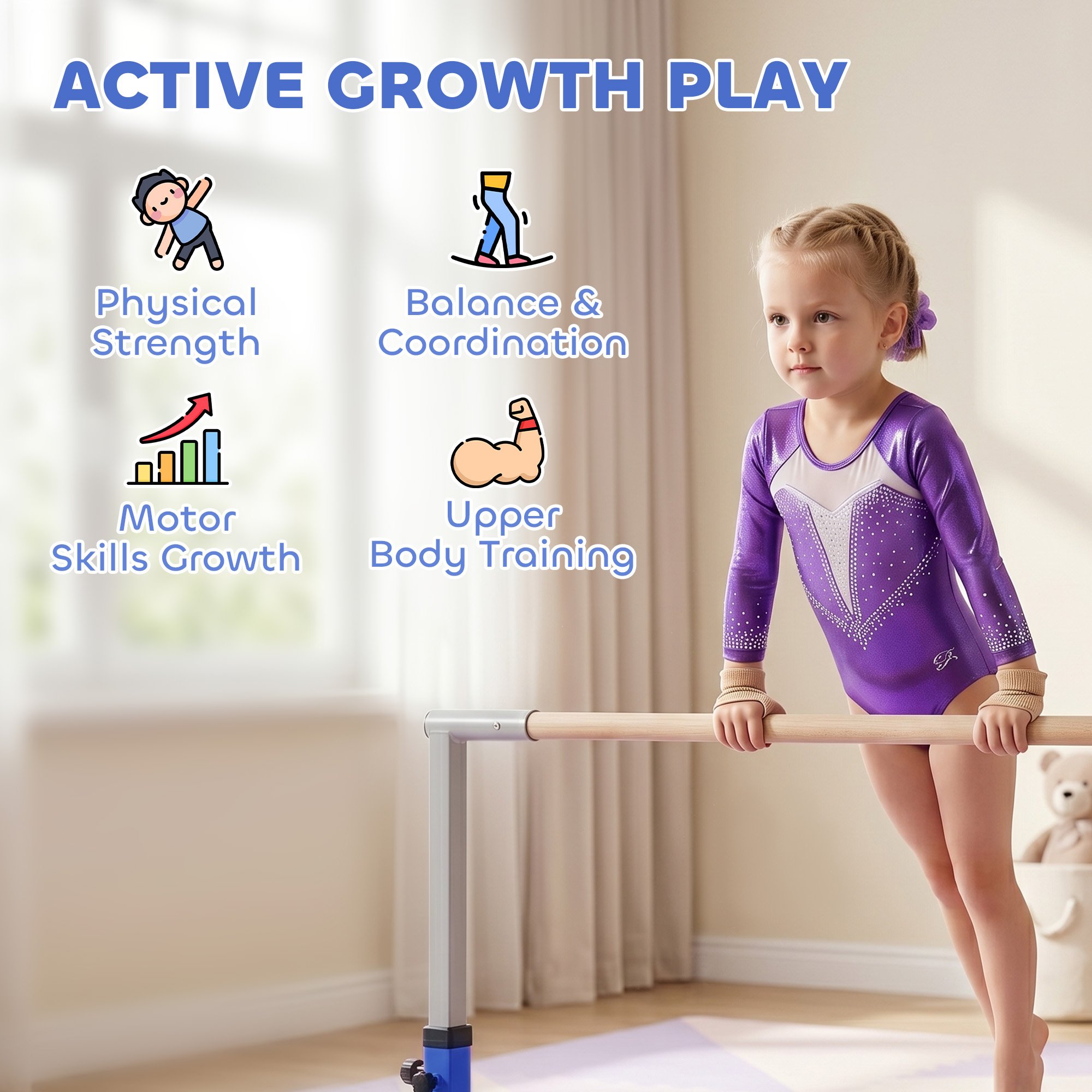 HOMCOM Height Adjustable Home Gym Kids Gymnastics Bar - Blue - Image 3