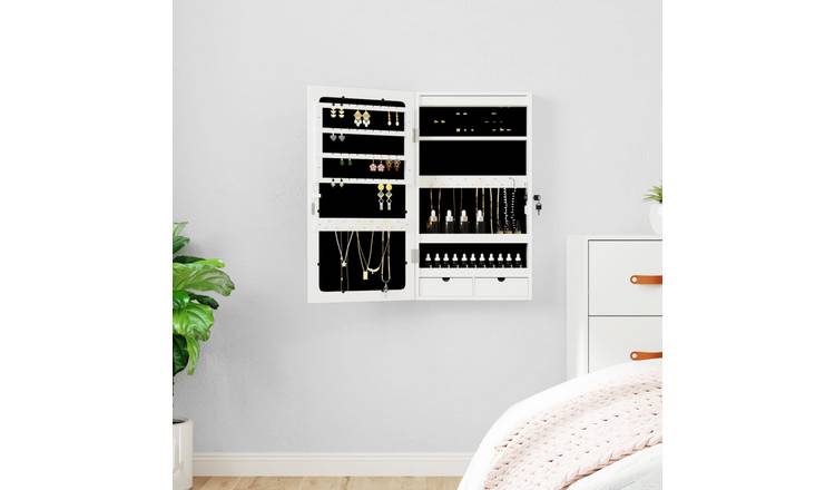 Walplus LED Wood Mirror Jewellery Cabinet - White - 37.5 x 10 x 67 cm