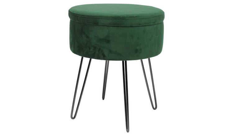 Harbour Housewares Round Velvet Storage Footstool - H45 x D36cm - Green/Black