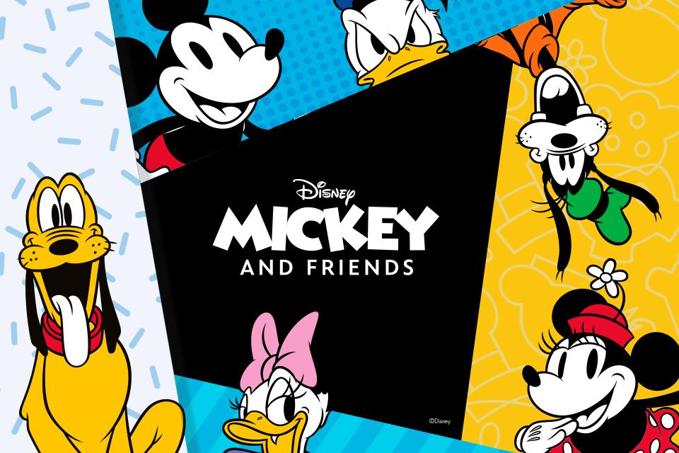 A composite image showing Goofy, Mickey Mouse, Donald Duck, Minnie Mouse, Pluto and Daisy Duck, with the Mickey and Friends logo in the centre on a black background.