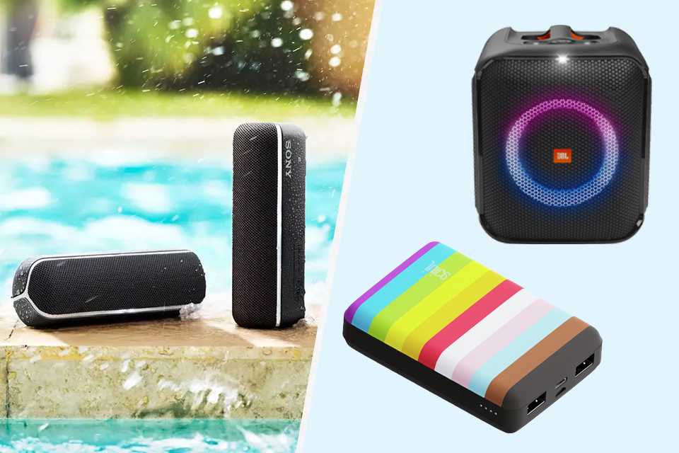 A split image of portable speakers and multicoloured power bank.
