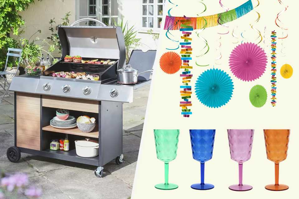 A split image of Argos Home Deluxe 3 burner with side burner gas BBQ on a patio, party decorating kit, and a set of 4 tinted wine glasses in orange, blue, green, and, pink.