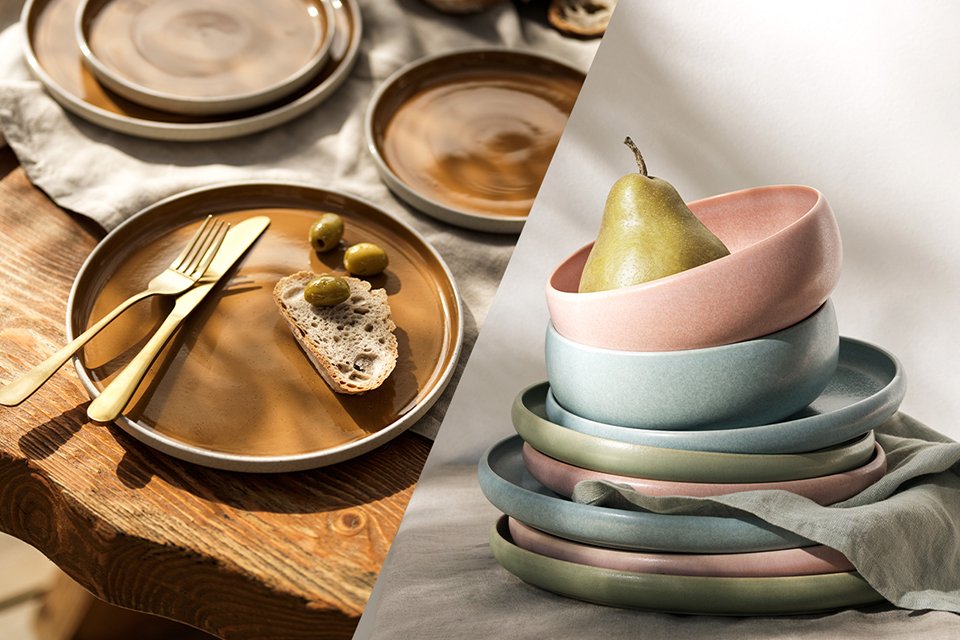 A split image of Habitat stoneware tableware and pasta bowls collection. 