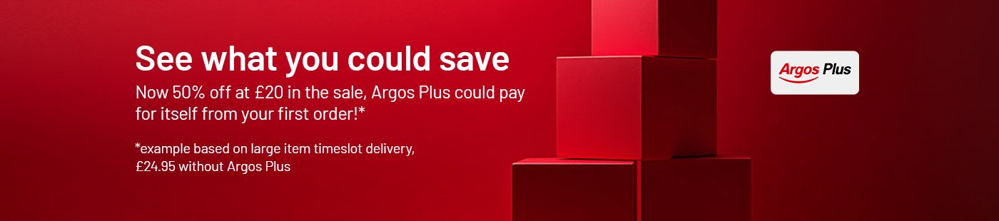 Argos Plus. See what you could save. Now 50% off at £20 in the sale, Argos Plus could pay for itself from your first order!*. *example based on large item timeslot delivery, £24.95 without Argos Plus.