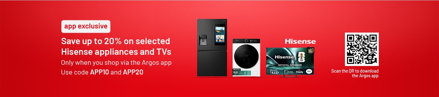 Save up to 20% on selected Hisense Appliances and TV's with codes APP10 and APP20. Scan the QR code to download the app
