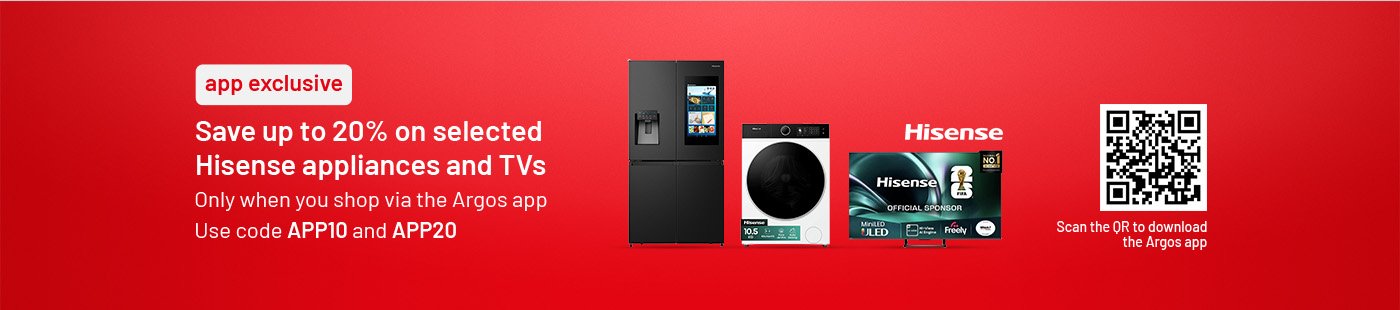 Save up to 20% on selected Hisense Appliances and TV's with codes APP10 and APP20. download the app.