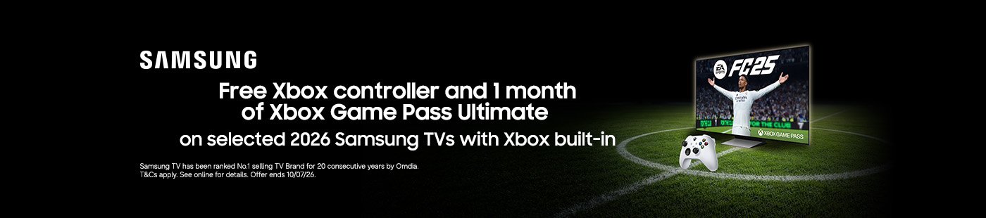 Samsung. Free Xbox controller and 1 month of Xbox game pass ultimate on selected 2026 Samsung TVs with Xbox built-in.