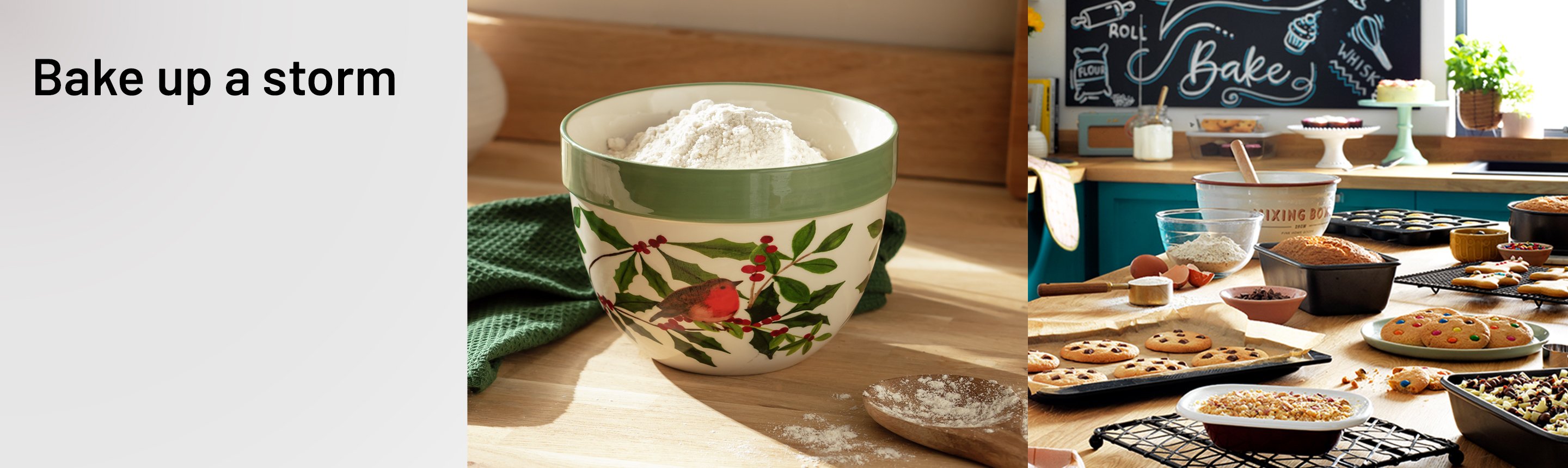 A banner depicting mixing bowls, a stand mixer, baking trays and tins and several baked goods.