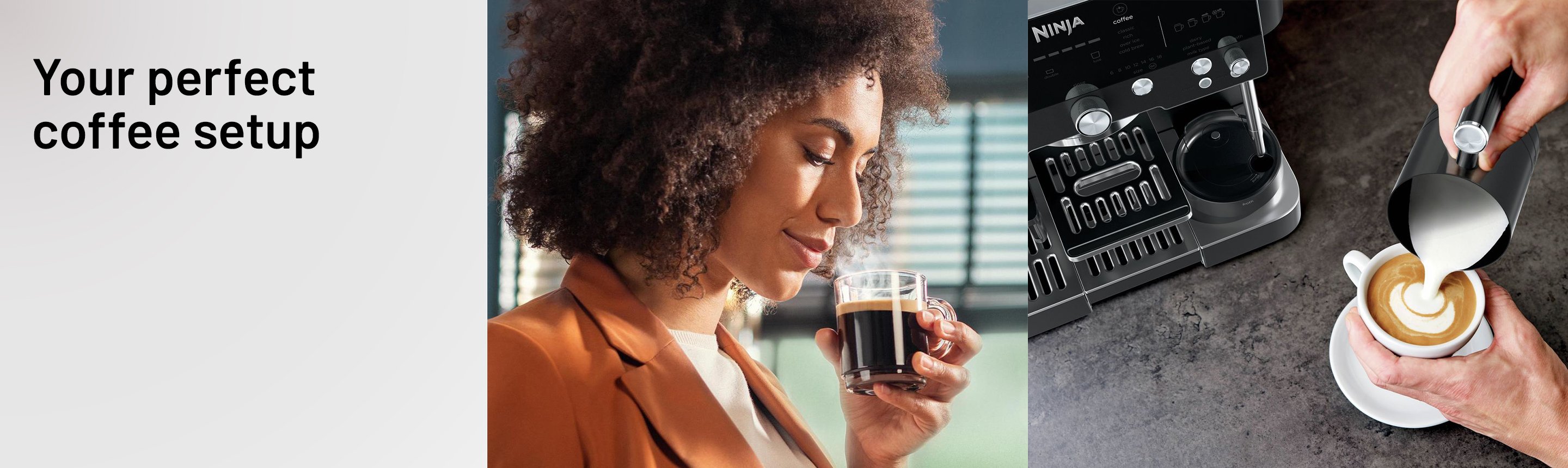 A woman taking in the aroma of a freshly brewed espresso and a person adding frothy milk to a cup of coffee.
