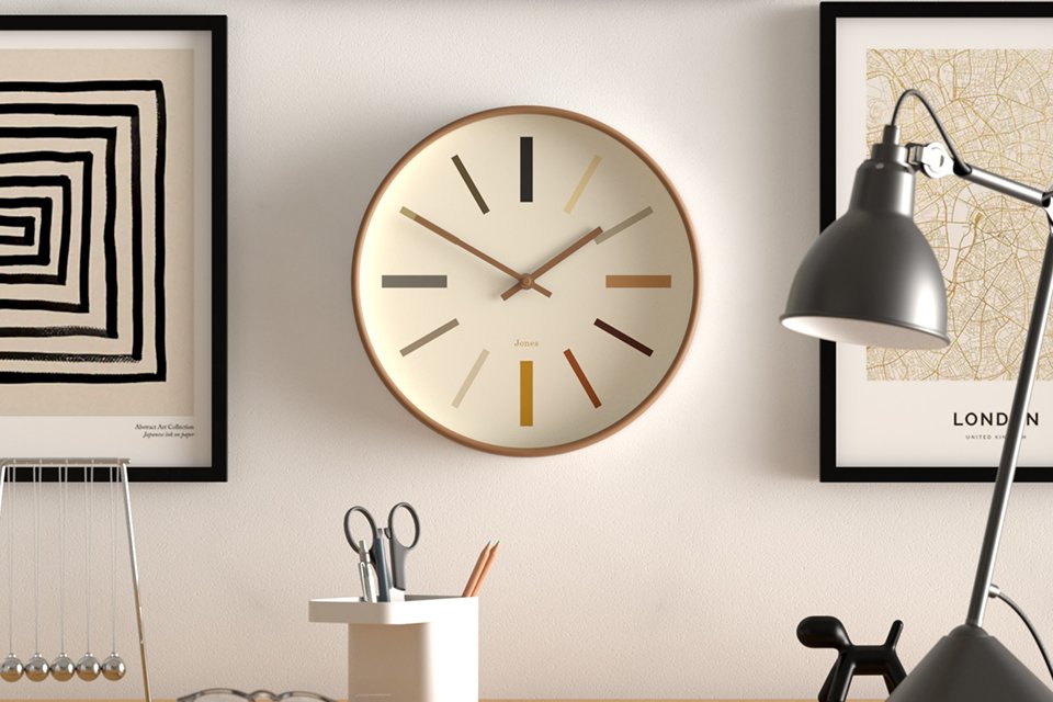 Jones Clock Marker Analogue Wall Clock in kiwi brown.