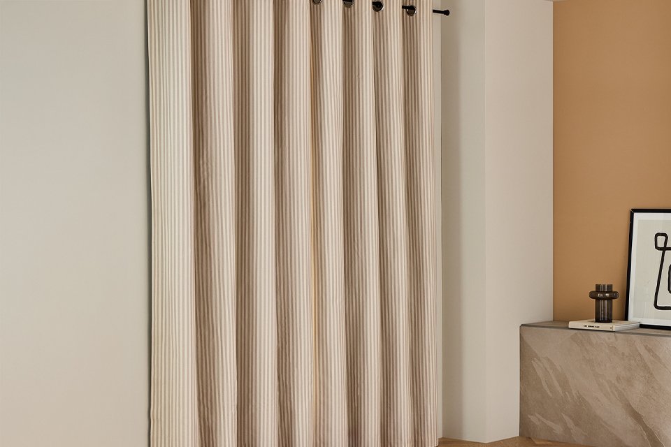 Habitat Stripe Blackout Eyelet Curtains in latte.
