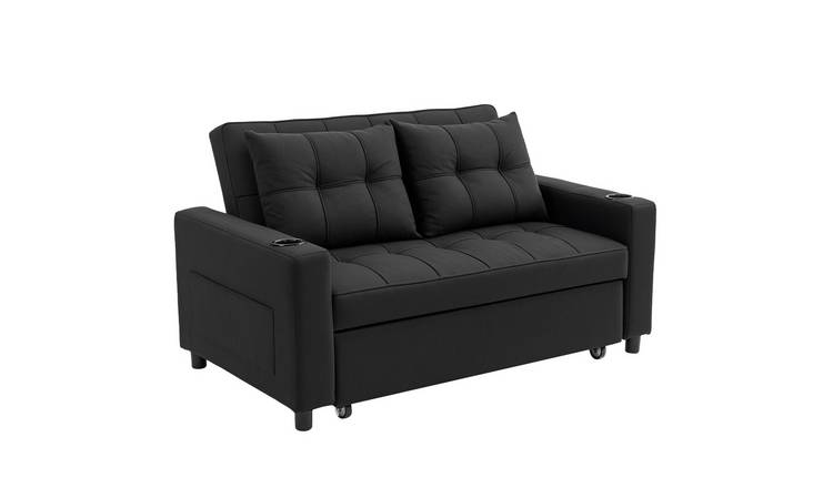 HOMCOM 3 in 1 2 Seater Fabric Adjustable Sofa Bed with Cup Holder - Black