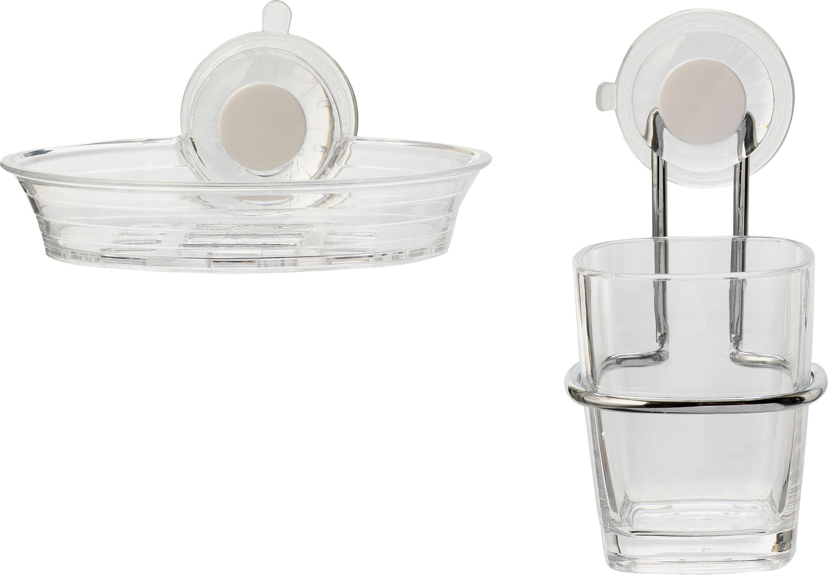 Croydex Press 'n' Lock 2 Piece Soap Dish & Tumbler - Clear