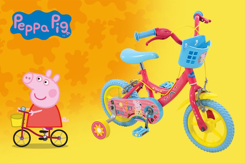 Cartoon image of Peppa Pig alongside a photograph of a Peppa Pig child's bicycle with stabilisers.