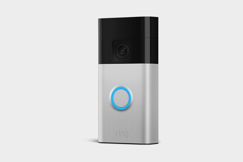A silver Ring battery video doorbell.
