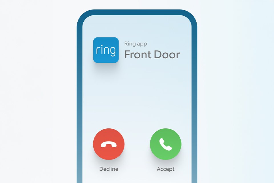 Mobile screen showing Ring front door calling screen.