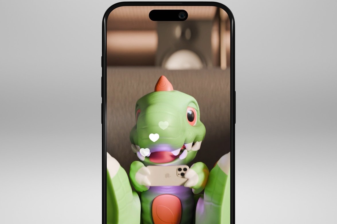 A phone showing the Argos App with Trevor the dinosaur.