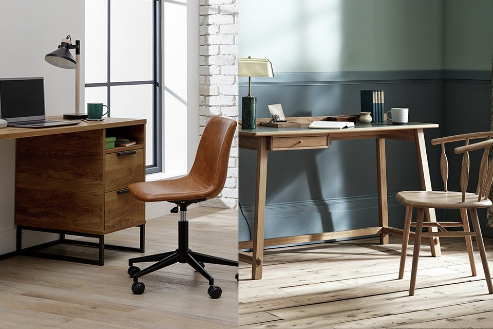 A collage featuring Habitat Nomad 2 Drawer Office Desk - Oak anf Habitat x Morris & Co. Canterbury Oak Office Desk.