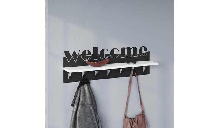 Decortie Welcome Metal With Wood-Effect Shelf Wall Coat Rack - White