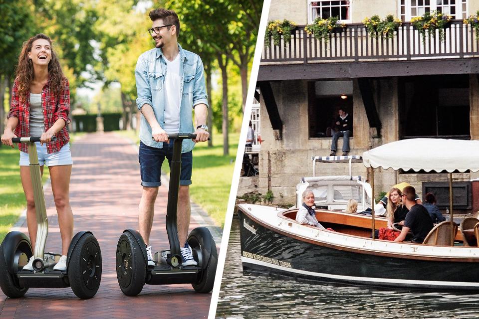 A split image of a couple on segway outdoors and a couple in a boat.