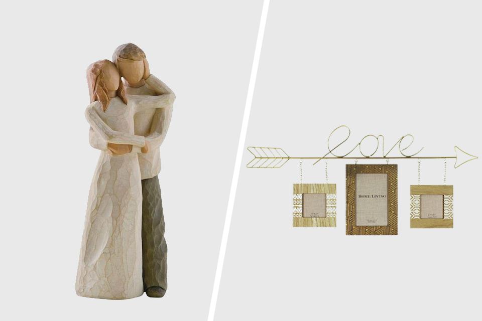 A split image of a couple figurine on left and a multi-picture photo frame on right.