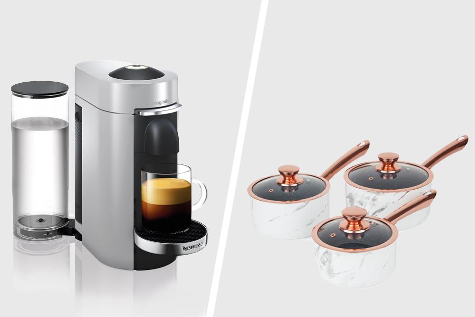 A split image of a coffee machine in silver and a pot set in white.