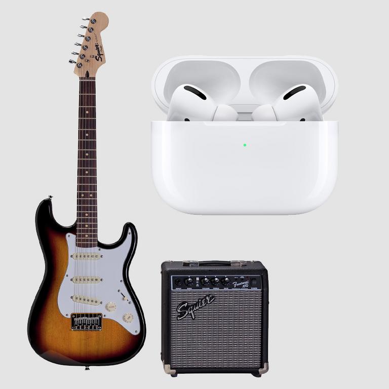 A split image of an electric guitar and amplifier on one side and Apple Airpods on the other.