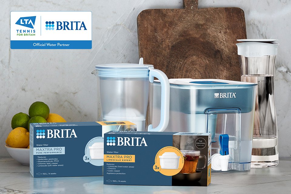 Selection of BRITA products at Argos displayed on a kitchen countertop.