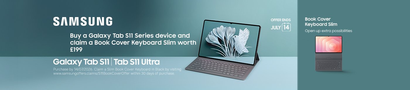 Samsung. Buy a Galaxy Tab S11 series device and claim a book cover keyboard slim worth £199.