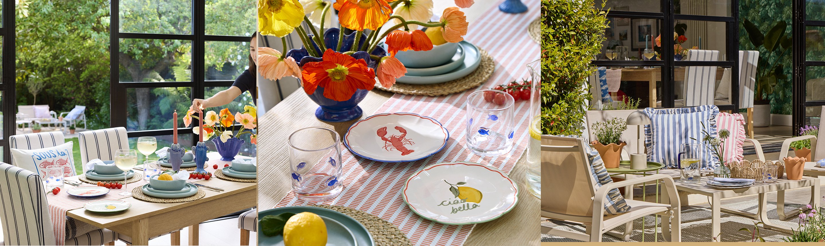 A beautiful lunch setup, summery tableware and garden furniture.