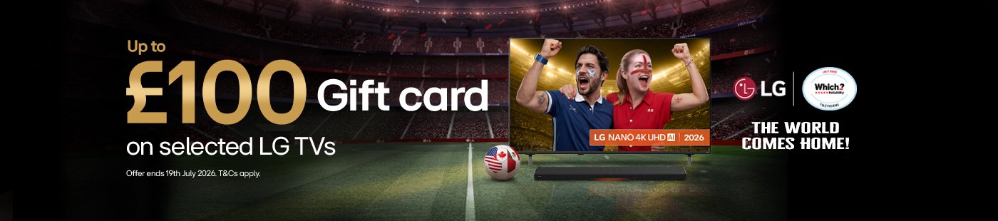 LG. The world comes home! Up to £100 Gift card on selected LG TVs. Offer ends 19th July 2026. T&Cs apply.