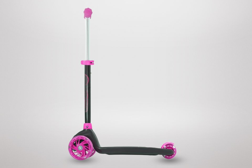 An Evo Eclipse pink kids 3 wheel scooter.