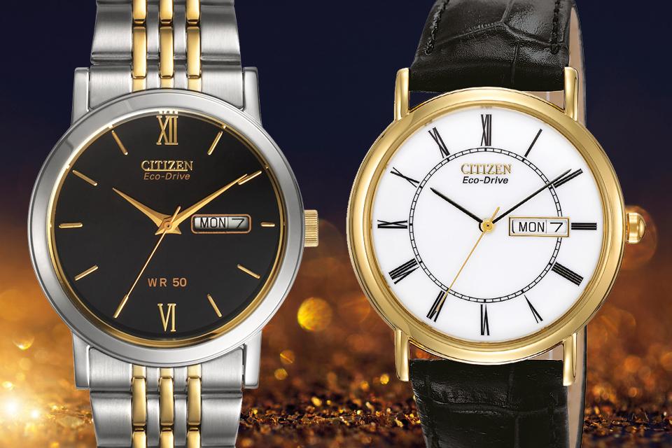Image shows two Citizen gents watches displayed against a sparkly background. 