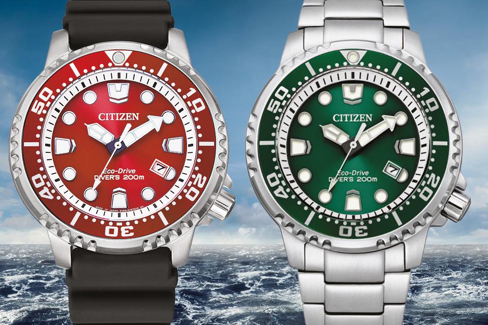 Two Citizen Eco-Drive diver's watches are displayed against a background of blue sea.
