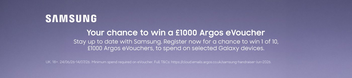 Samsung. Your chance to win a £1000 Argos eVoucher. Stay up to date with Samsung. Register now for a chance to win 1 of 10, £1000 Argos eVouchers, to spend on selected Galaxy devices.