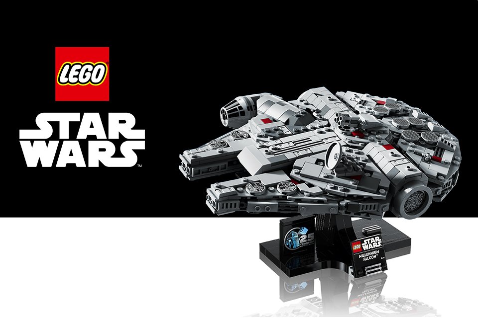 The LEGO® Star Wars Millennium Falcon small set on a black background with the LEGO® and Star Wars logos. 