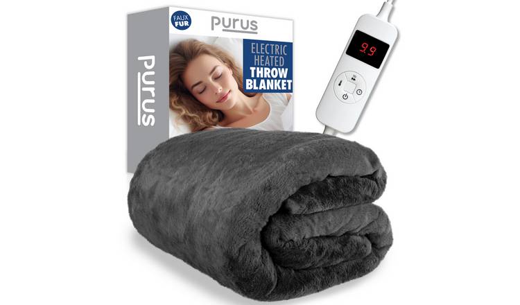 Purus Heated Throw Electric Over Blanket Faux Fur Soft Fleece Blanket - Grey
